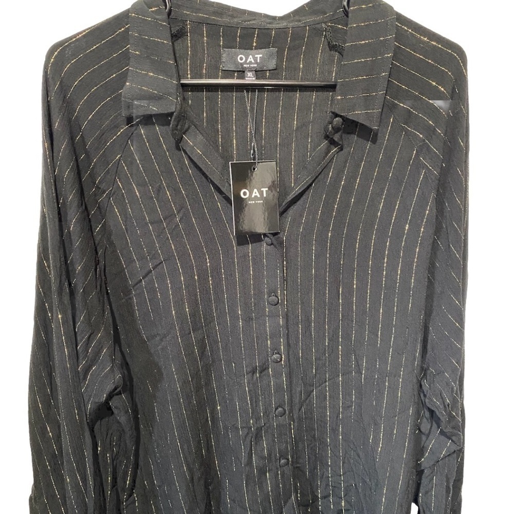 Oat New York Black Gold Pinstripe‎ Button Down Blouse XL NWT Dressy Top